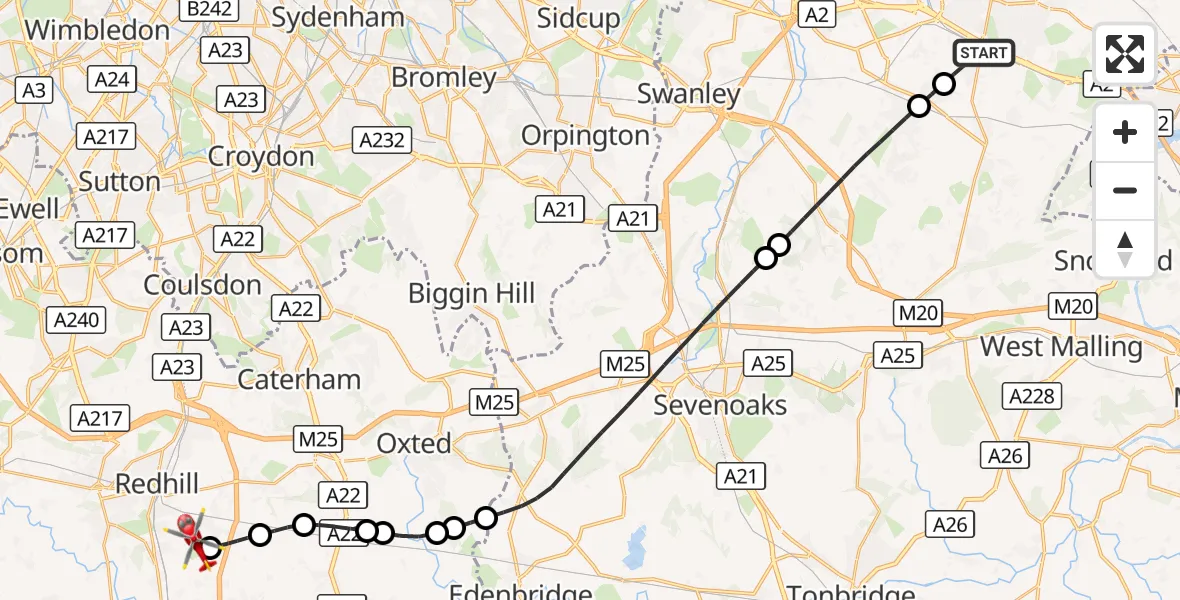 Flight route Air Ambulance Helicopter Northfleet - Redhill Aerodrome, 04 September 2026, 07:36