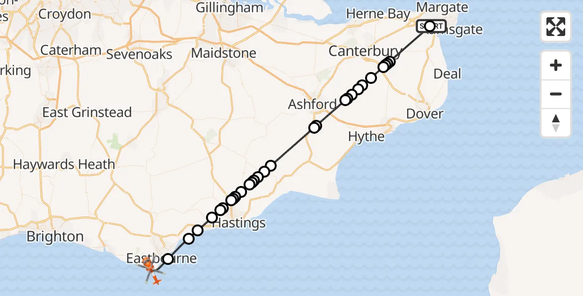 Flight route Coastguard Helicopter Manston Airport - Eastbourne, 04 September 2026, 08:03