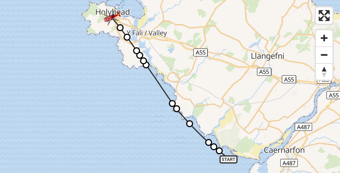 Flight route Air Ambulance Helicopter  - Holyhead, 04 September 2026, 08:08