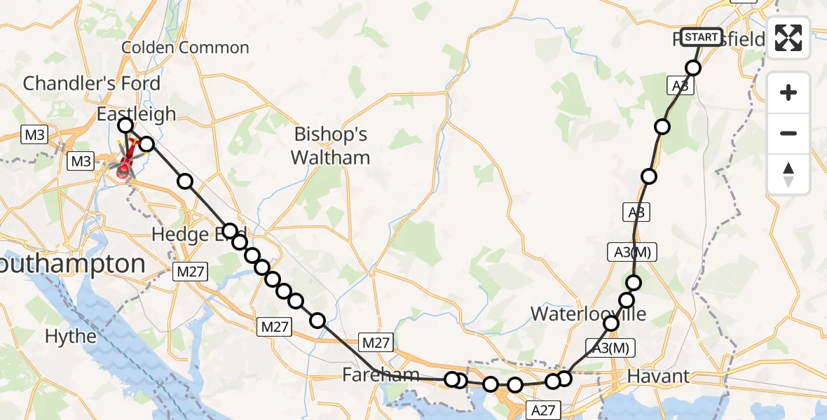 Flight route Air Ambulance Helicopter Petersfield - Southampton Airport, 04 September 2026, 08:26