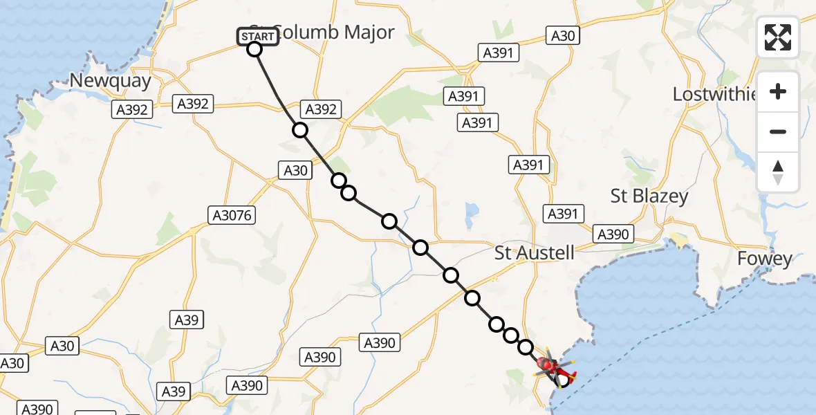 Flight route Air Ambulance Helicopter Cornwall Airport Newquay - Mevagissey, 04 September 2026, 08:27