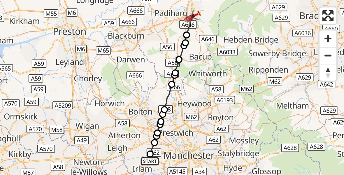 Flight route Air Ambulance Helicopter Manchester Barton Aerodrome - Burnley, 04 September 2026, 09:03