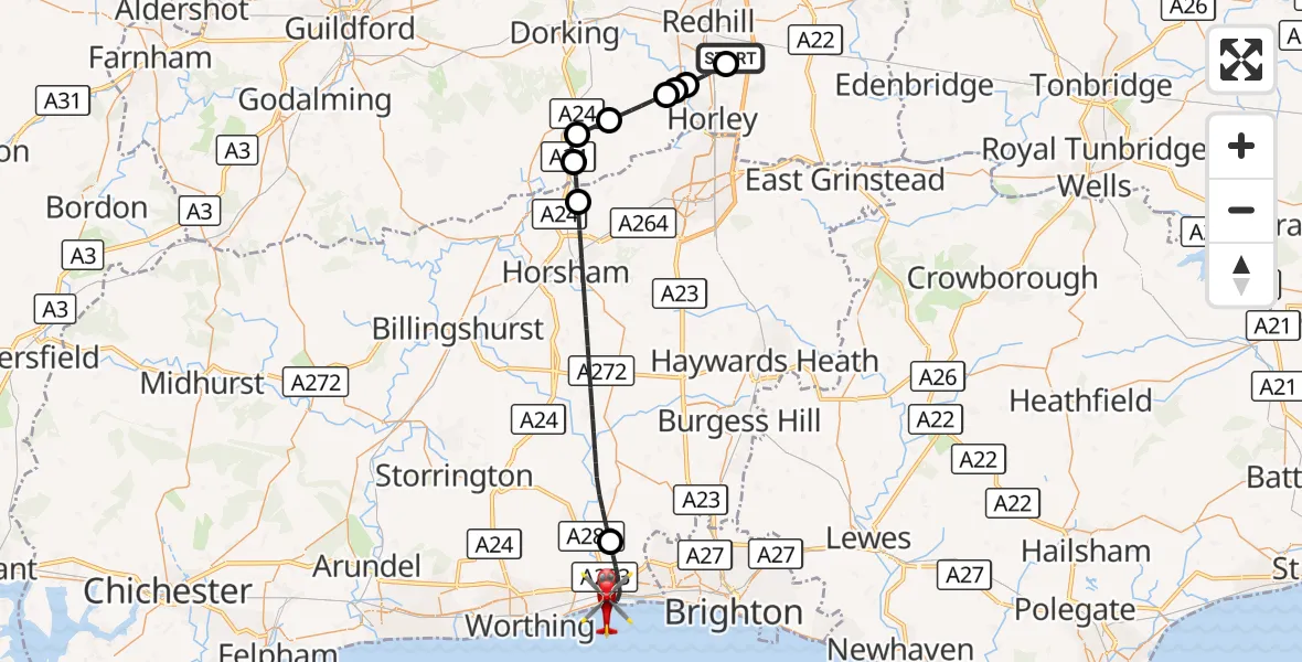 Flight route Air Ambulance Helicopter Redhill Aerodrome - Shoreham-by-Sea, 04 September 2026, 09:05