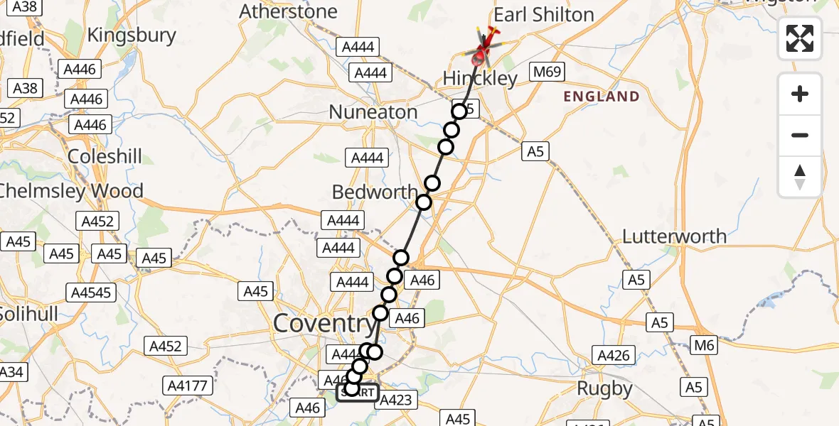 Flight route Air Ambulance Helicopter Coventry Airport - Hinckley, 04 September 2026, 09:16