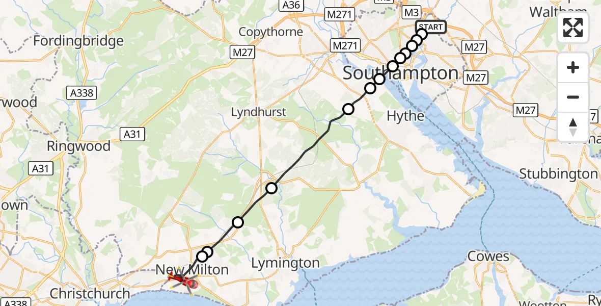Flight route Air Ambulance Helicopter Mansbridge - New Milton, 04 September 2026, 09:34