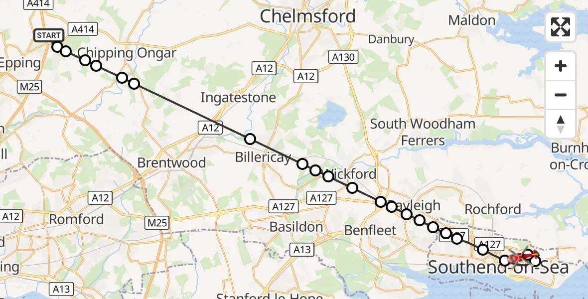 Flight route Air Ambulance Helicopter North Weald Airfield - Southchurch, 04 September 2026, 09:38