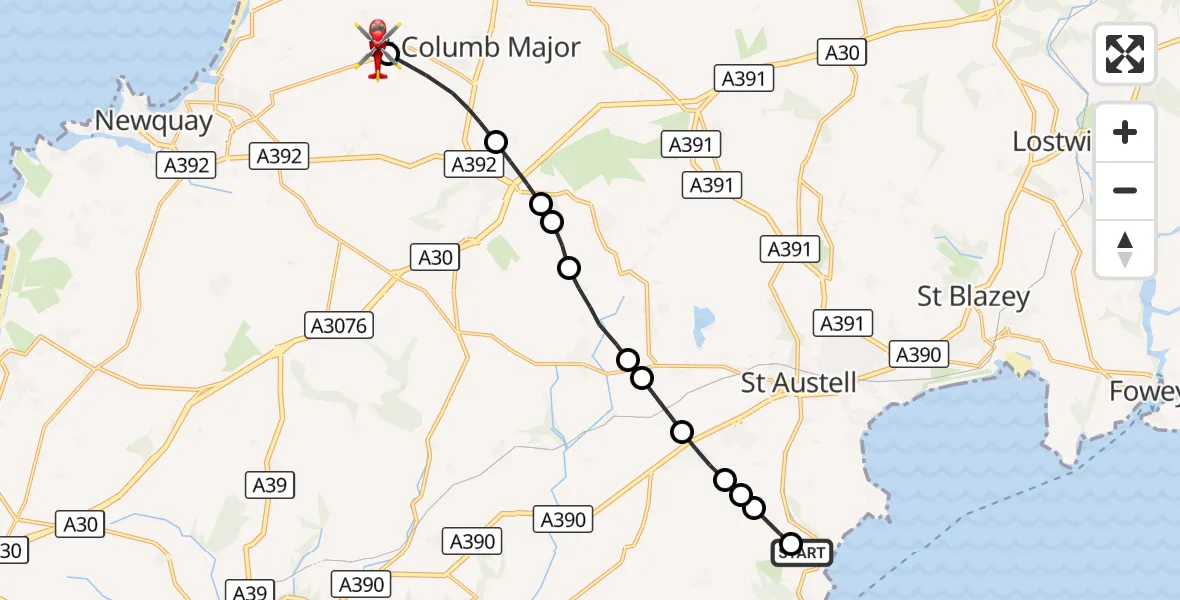 Flight route Air Ambulance Helicopter Mevagissey - Cornwall Airport Newquay, 04 September 2026, 09:39