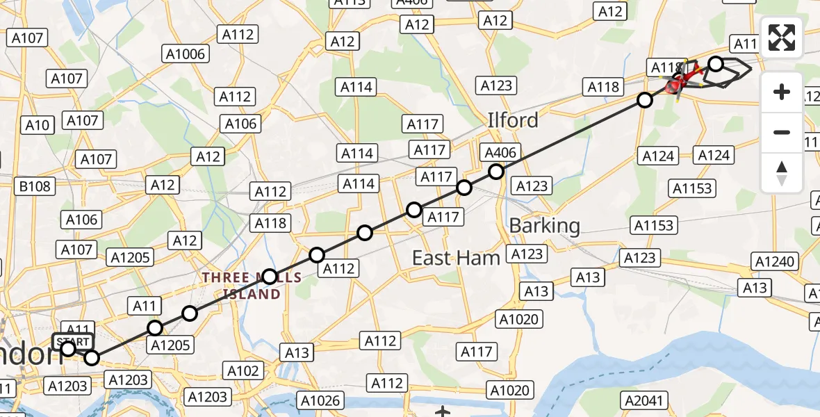 Flight route Air Ambulance Helicopter Royal London Hospital - Becontree Heath, 04 September 2026, 09:40