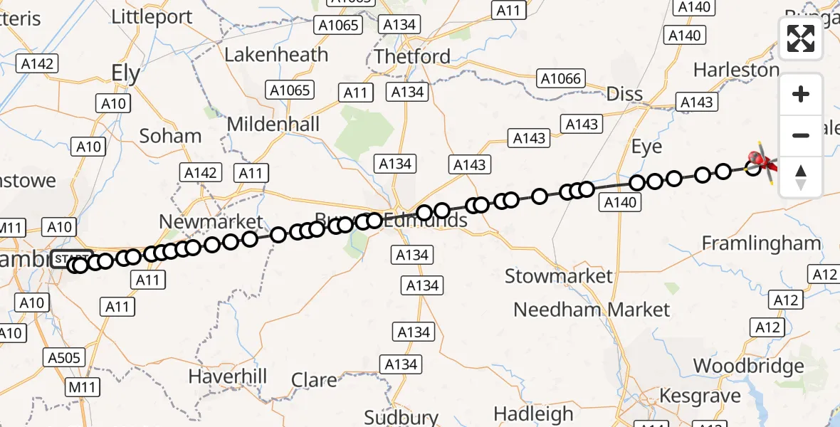 Flight route Air Ambulance Helicopter Cambridge City Airport - Laxfield, 04 September 2026, 09:45