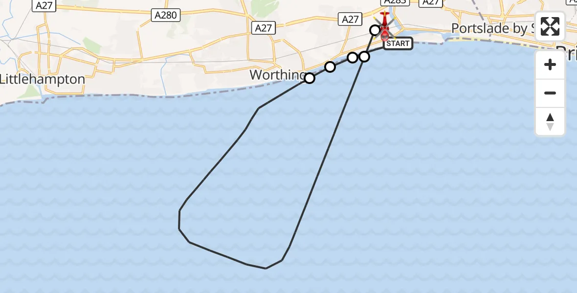 Flight route Air Ambulance Helicopter Shoreham-by-Sea - Brighton City Airport, 04 September 2026, 09:55