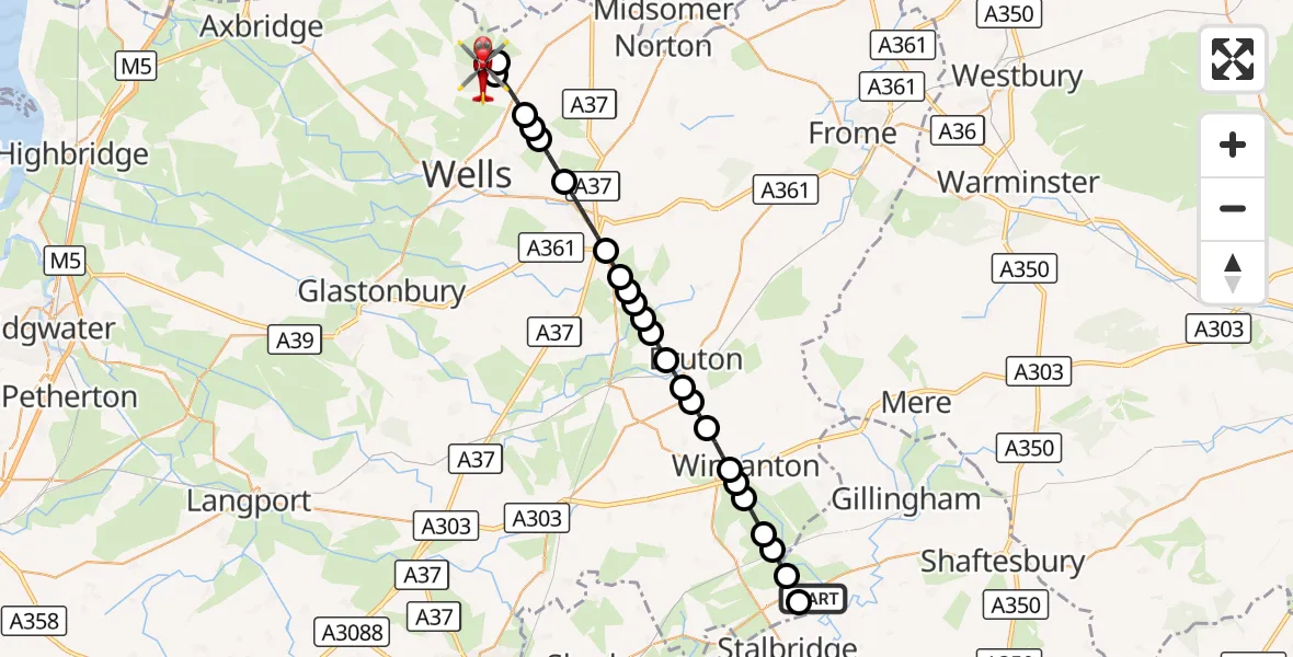 Flight route Air Ambulance Helicopter Henstridge Airfield - Chewton Mendip, 04 September 2026, 10:15