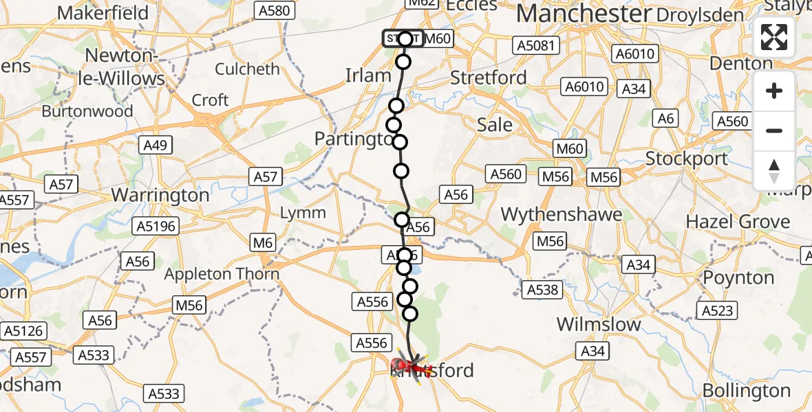 Flight route Air Ambulance Helicopter Manchester Barton Aerodrome - Knutsford, 04 September 2026, 10:17