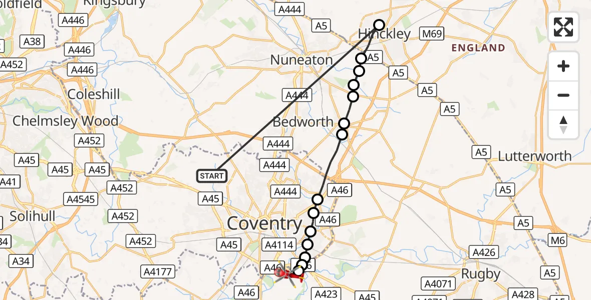 Flight route Air Ambulance Helicopter Brownshill Green - Coventry Airport, 04 September 2026, 10:25
