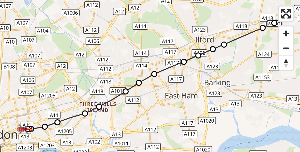Flight route Air Ambulance Helicopter Chadwell Heath - Royal London Hospital, 04 September 2026, 10:31