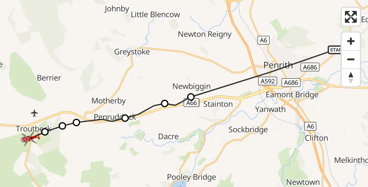 Flight route Air Ambulance Helicopter Penrith - Mungrisdale, 04 September 2026, 10:53