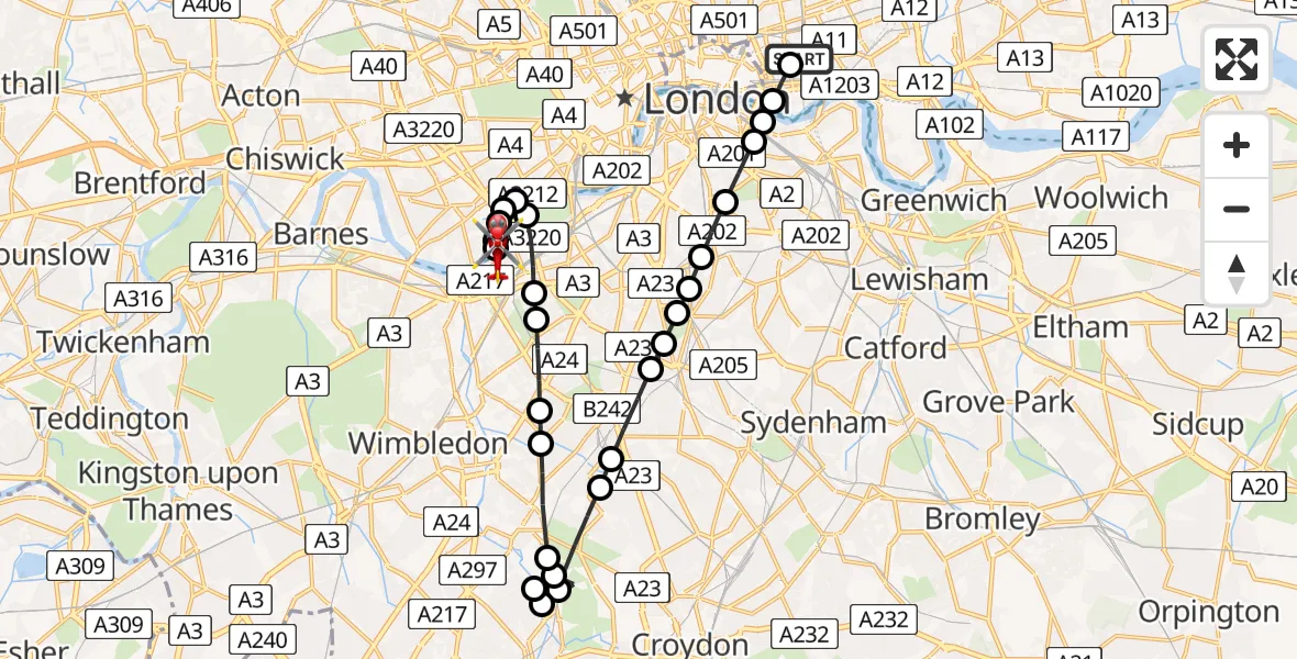 Flight route Air Ambulance Helicopter Royal London Hospital - London Heliport, 04 September 2026, 10:55