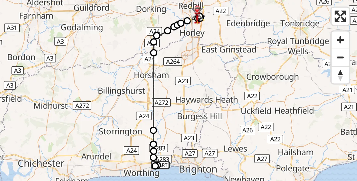 Flight route Air Ambulance Helicopter Brighton City Airport - Redhill Aerodrome, 04 September 2026, 10:58