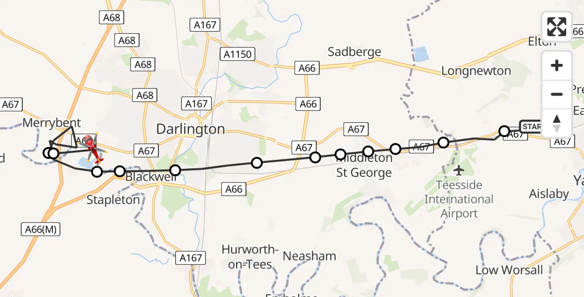 Flight route Air Ambulance Helicopter Egglescliffe - Stapleton, 04 September 2026, 10:59