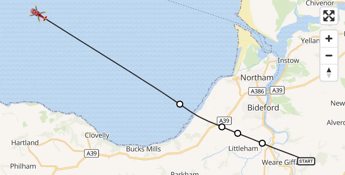 Flight route Air Ambulance Helicopter Weare Giffard - Bristol Channel, 04 September 2026, 11:04