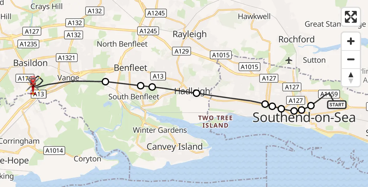 Flight route Air Ambulance Helicopter Southchurch - Basildon, 04 September 2026, 11:07