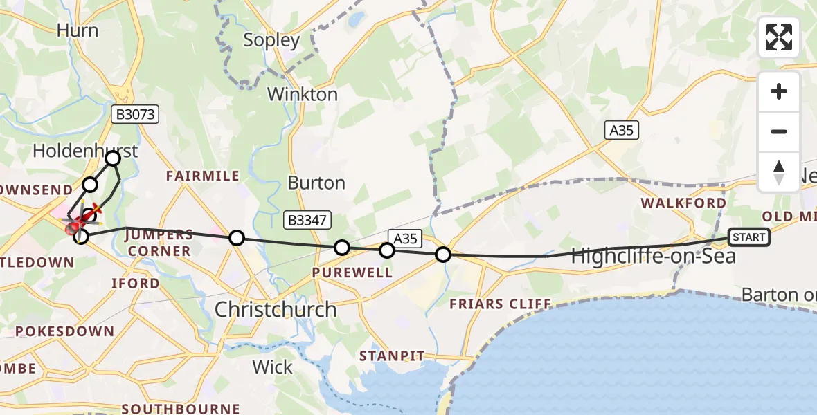 Flight route Air Ambulance Helicopter Highcliffe-on-Sea - Royal Bournemouth Hospital, 04 September 2026, 11:08