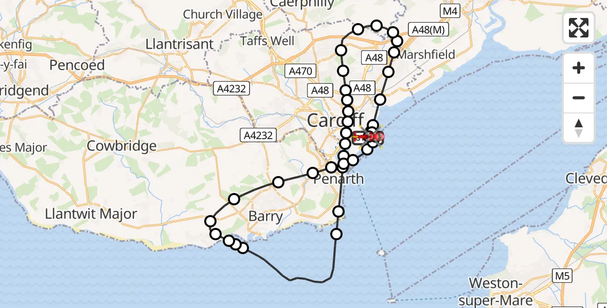 Flight route Air Ambulance Helicopter Cardiff Heliport - Cardiff Heliport, 04 September 2026, 11:09