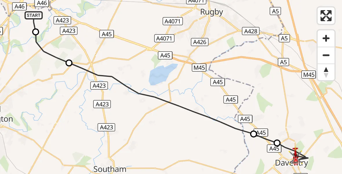 Flight route Air Ambulance Helicopter Coventry Airport - Daventry, 04 September 2026, 11:20
