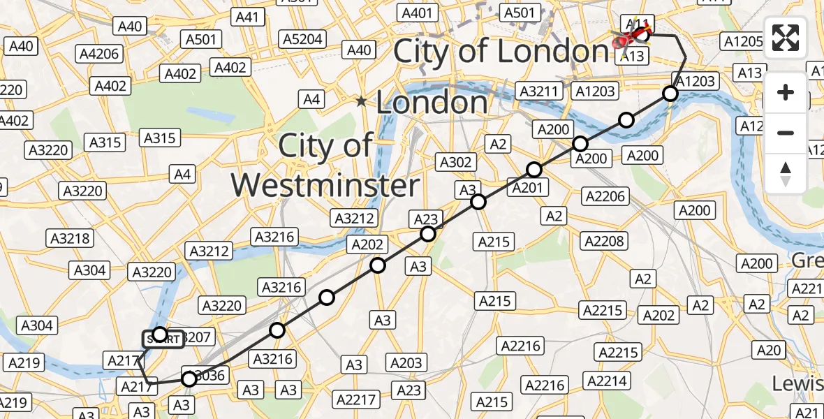Flight route Air Ambulance Helicopter London Heliport - Royal London Hospital, 04 September 2026, 11:25