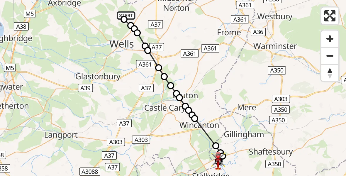 Flight route Air Ambulance Helicopter Chewton Mendip - Henstridge Airfield, 04 September 2026, 11:35