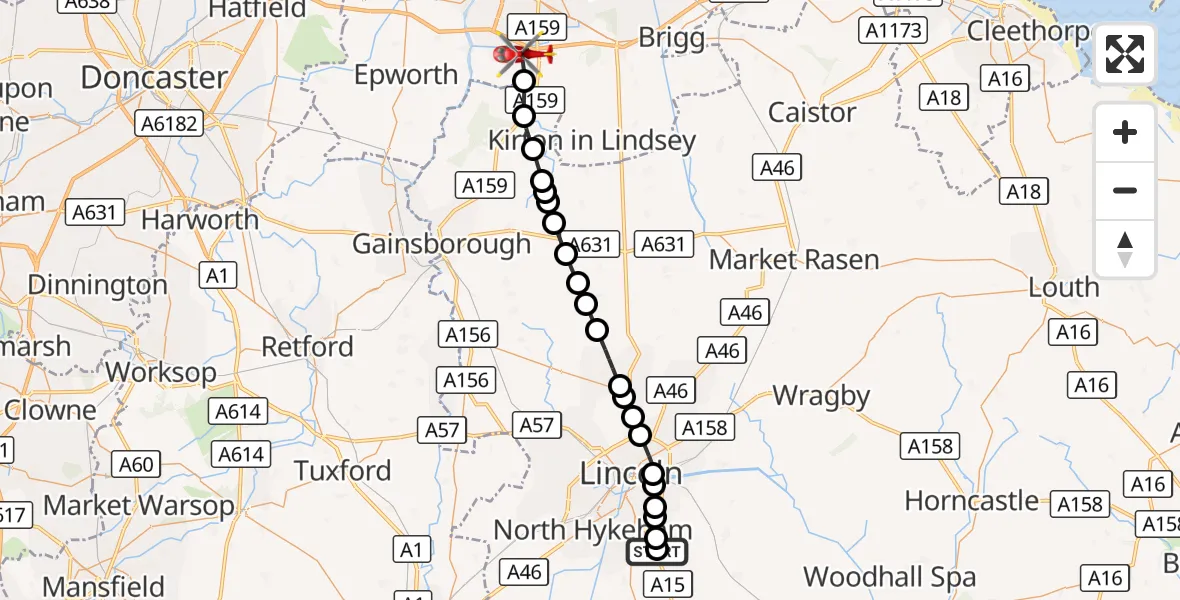 Flight route Air Ambulance Helicopter RAF Waddington - Messingham, 04 September 2026, 11:44