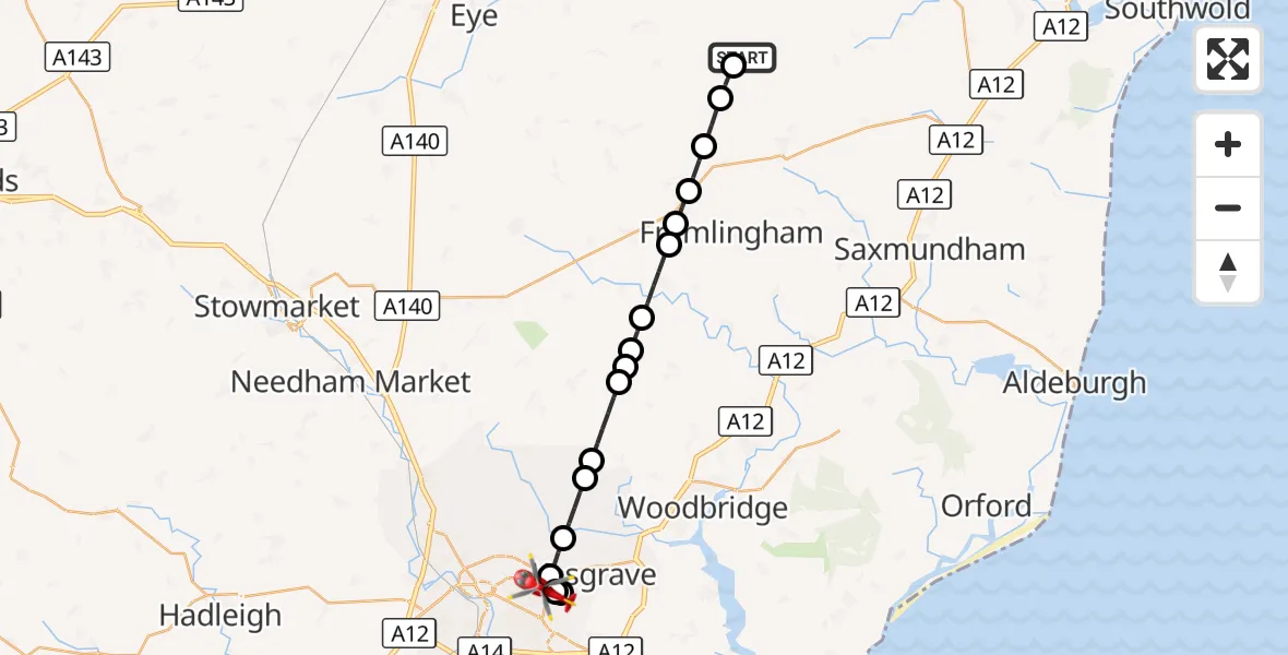 Flight route Air Ambulance Helicopter Laxfield - Ipswich, 04 September 2026, 11:49
