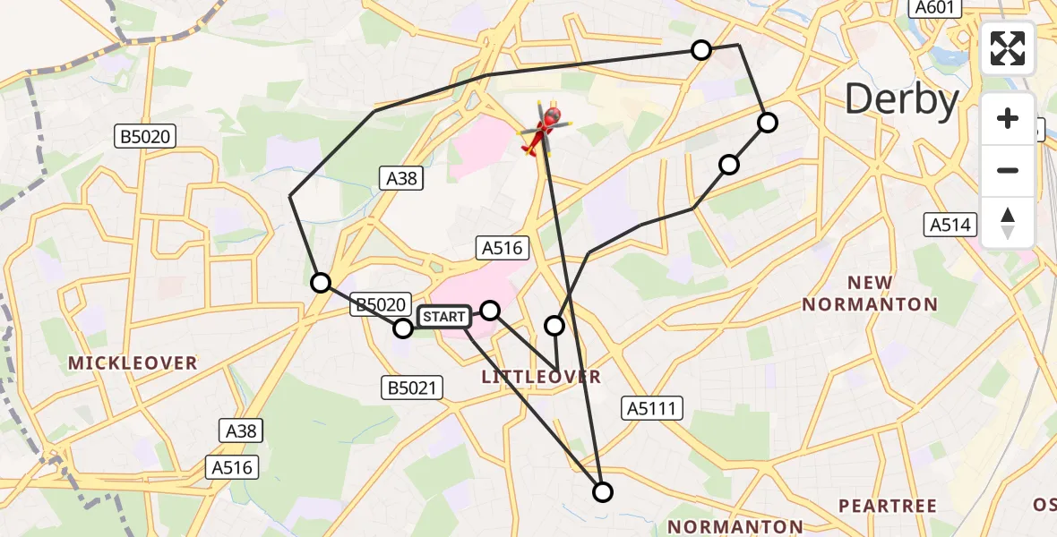 Flight route Air Ambulance Helicopter Royal Derby Trauma Unit - Mackworth Estate, 04 September 2026, 11:54