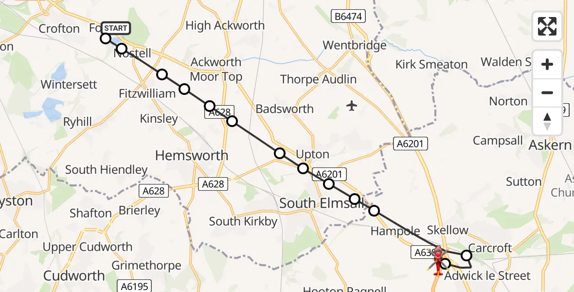 Flight route Air Ambulance Helicopter YAA Nostell Helicopter Port - Hampole, 04 September 2026, 11:56