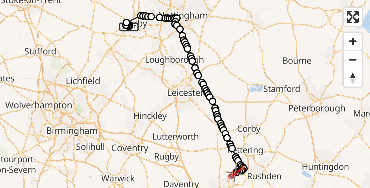 Flight route Air Ambulance Helicopter Royal Derby Trauma Unit - Sywell Aerodrome, 04 September 2026, 12:00
