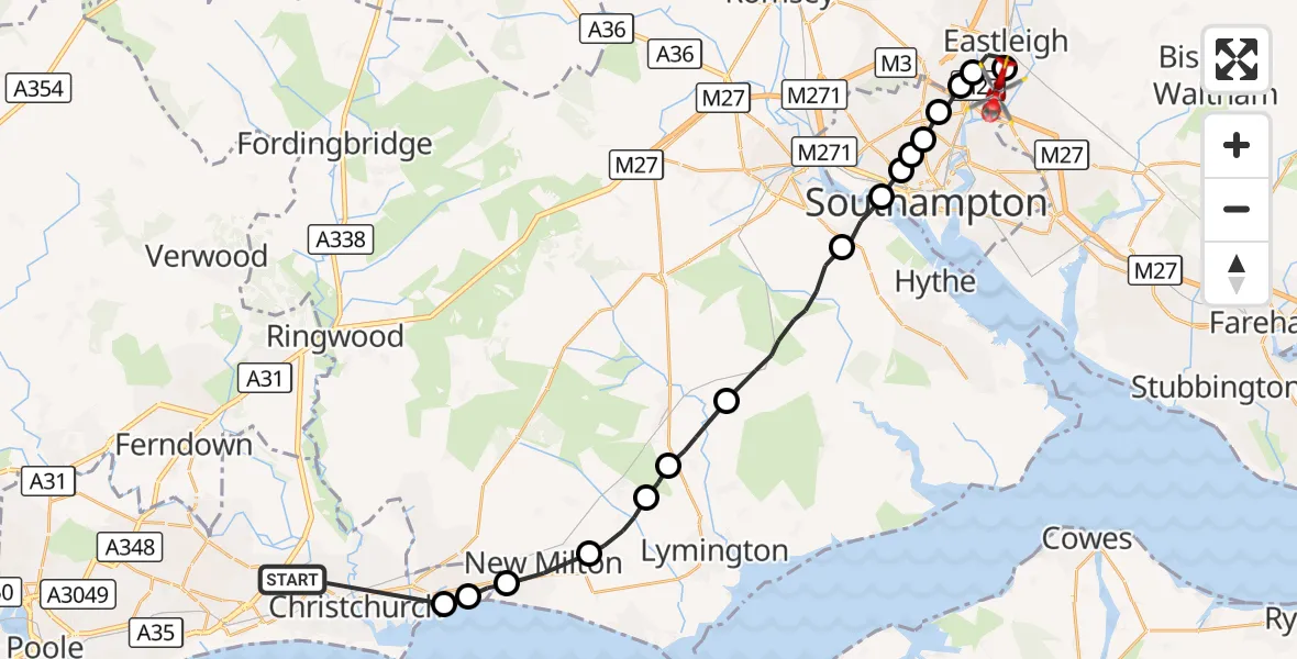 Flight route Air Ambulance Helicopter Royal Bournemouth Hospital - Southampton Airport, 04 September 2026, 12:05