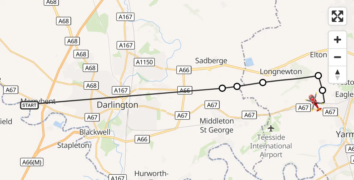 Flight route Air Ambulance Helicopter Merrybent - Egglescliffe, 04 September 2026, 12:05