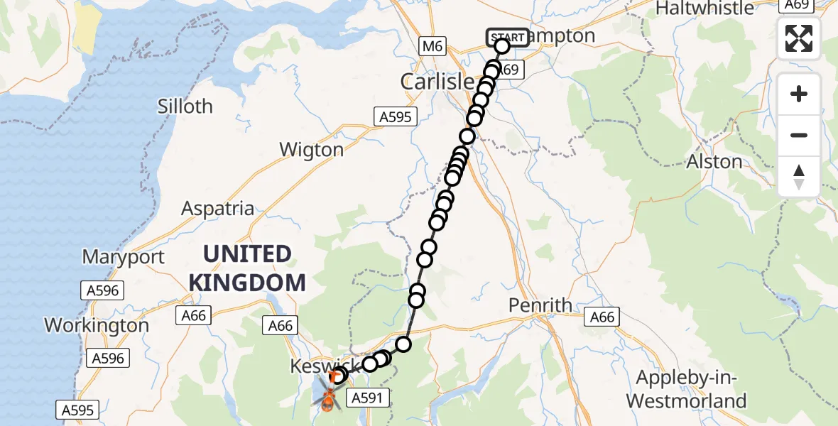 Flight route Coastguard Helicopter Carlisle Lake District Airport - Borrowdale, 04 September 2026, 12:07