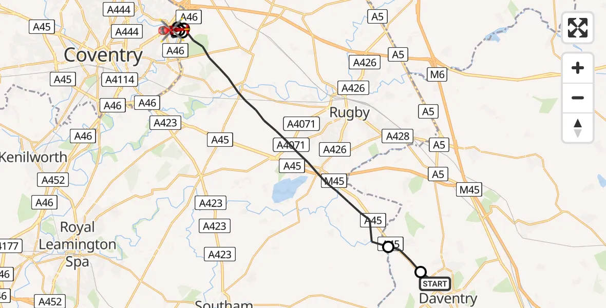 Flight route Air Ambulance Helicopter Daventry - Walsgrave, 04 September 2026, 12:13
