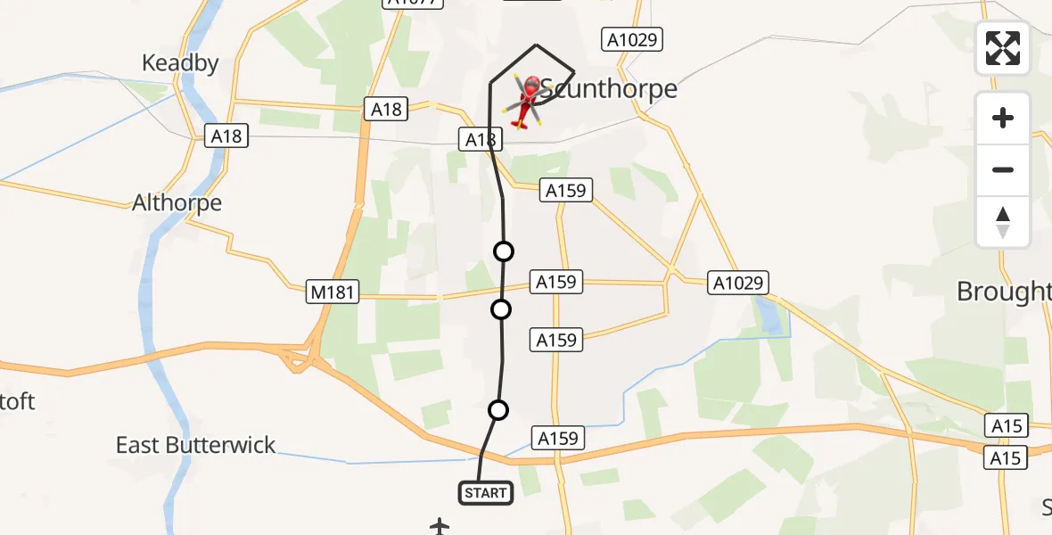 Flight route Air Ambulance Helicopter Messingham - Scunthorpe, 04 September 2026, 12:24