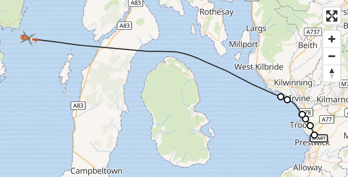 Flight route Coastguard Helicopter Glasgow Prestwick Airport - Inner Seas, 04 September 2026, 12:31
