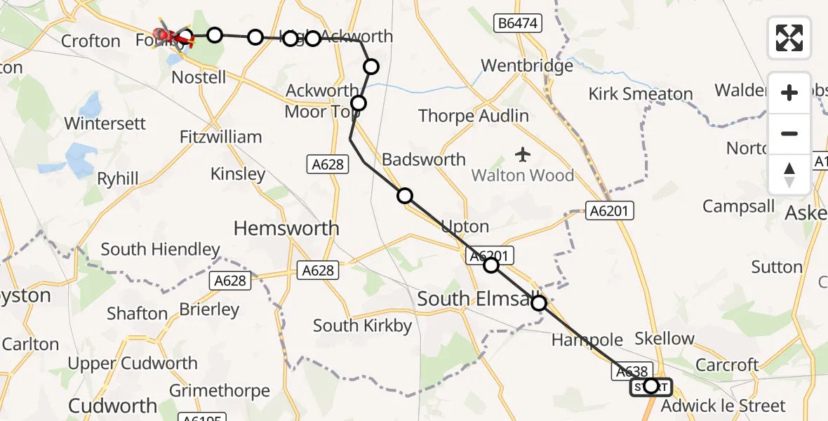 Flight route Air Ambulance Helicopter Skellow - YAA Nostell Helicopter Port, 04 September 2026, 12:32