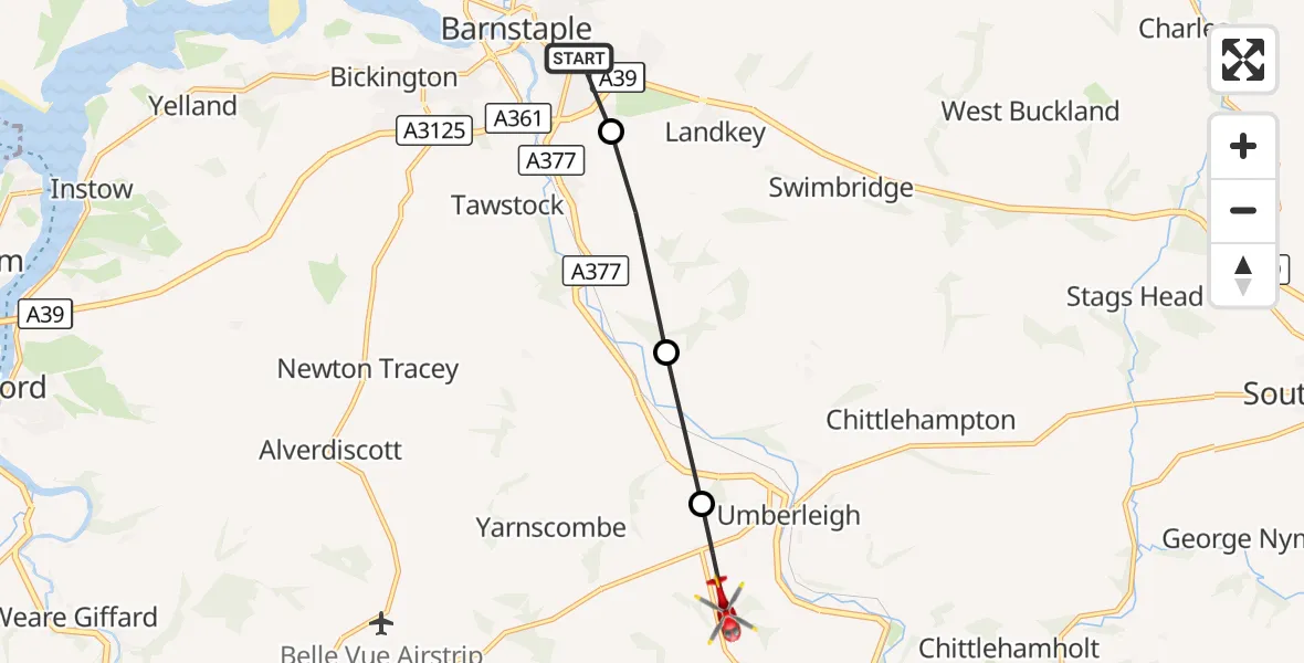 Flight route Air Ambulance Helicopter Barnstaple - Atherington, 04 September 2026, 12:41