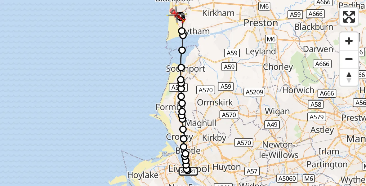 Flight route Air Ambulance Helicopter Liverpool - Blackpool Airport, 04 September 2026, 12:48