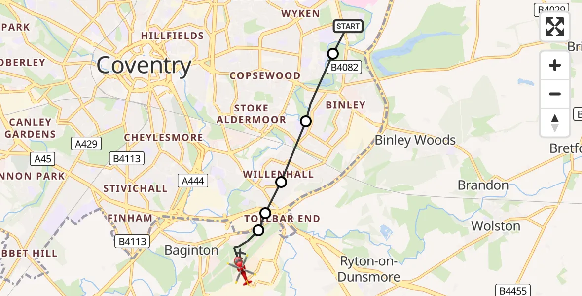 Flight route Air Ambulance Helicopter Clifford Park - Warwick, 04 September 2026, 12:50