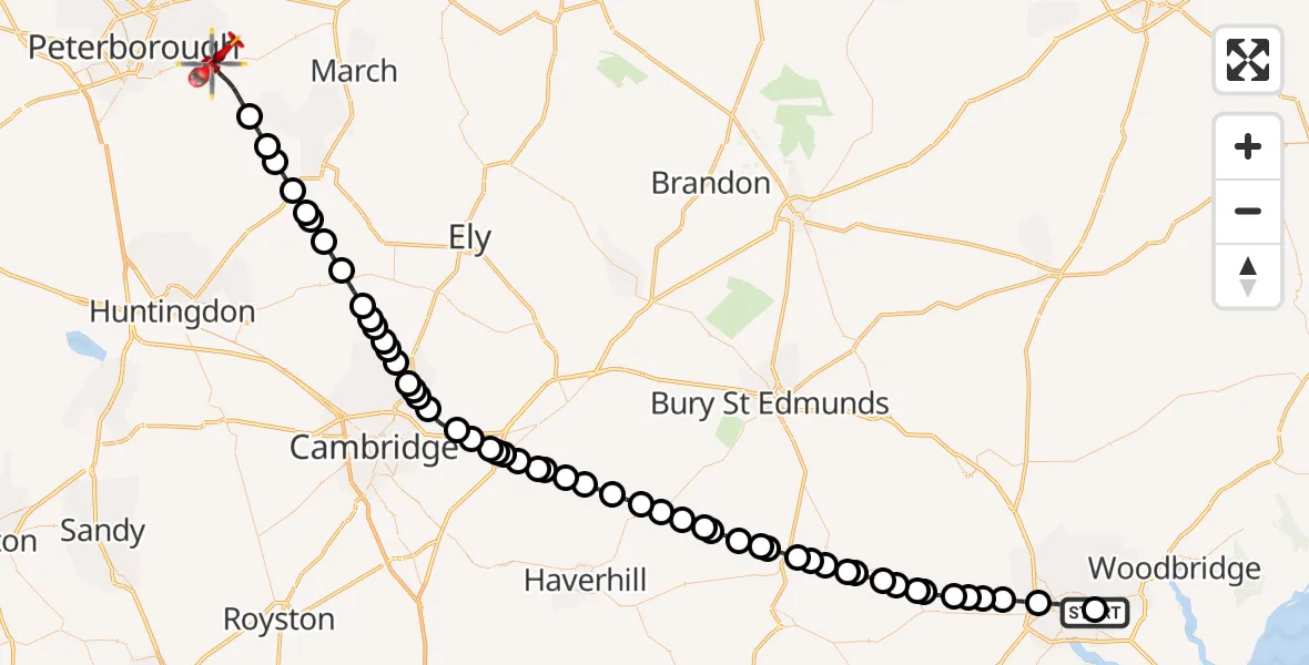 Flight route Air Ambulance Helicopter Ipswich Hospital - Whittlesey, 04 September 2026, 13:10