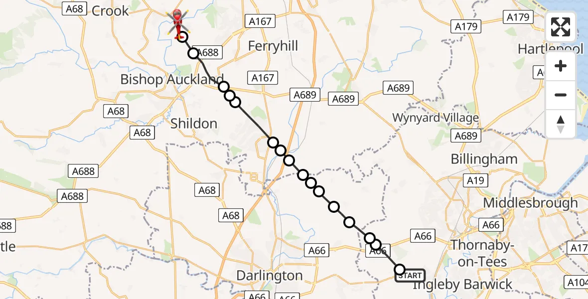 Flight route Air Ambulance Helicopter Egglescliffe - Spennymoor, 04 September 2026, 13:11