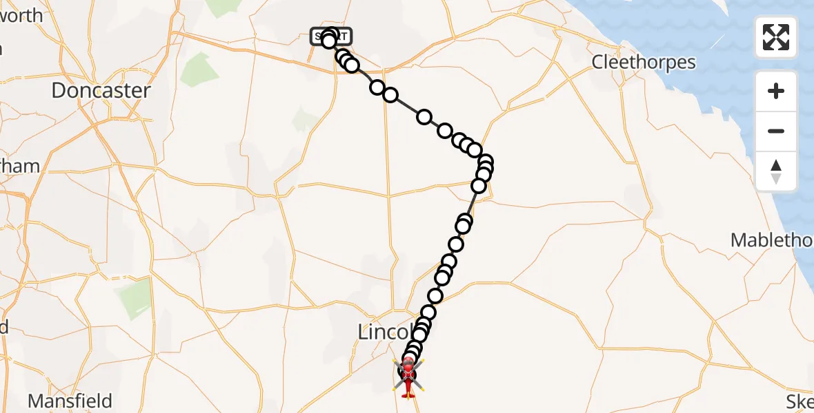 Flight route Air Ambulance Helicopter Scunthorpe Hospital - North Kesteven, 04 September 2026, 13:15