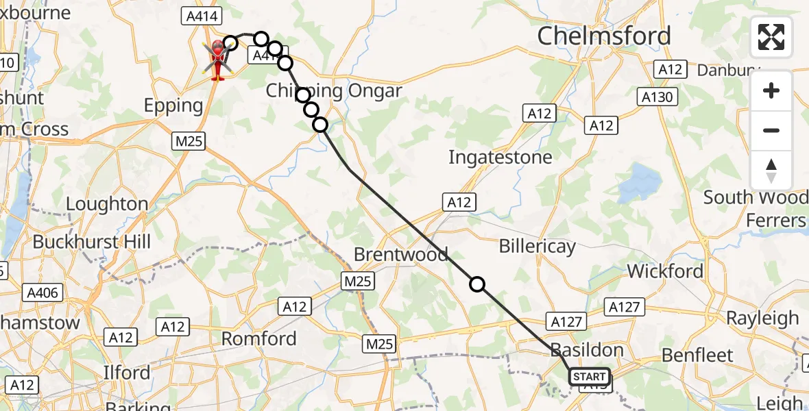 Flight route Air Ambulance Helicopter Basildon - North Weald Airfield, 04 September 2026, 13:15