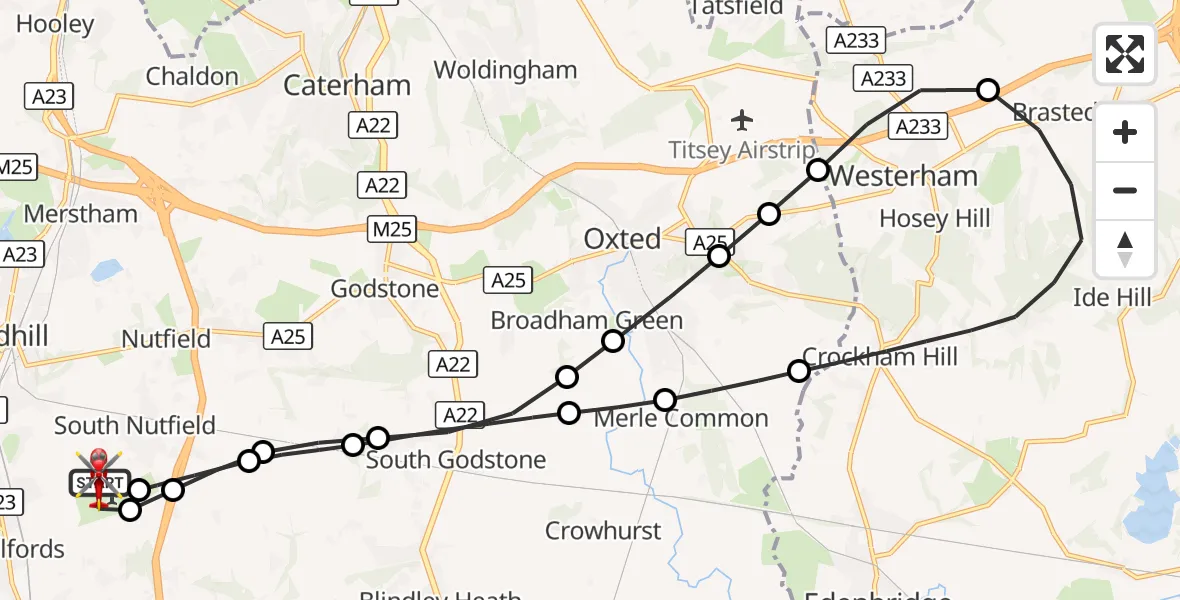 Flight route Air Ambulance Helicopter Redhill Aerodrome - Redhill Aerodrome, 04 September 2026, 13:30