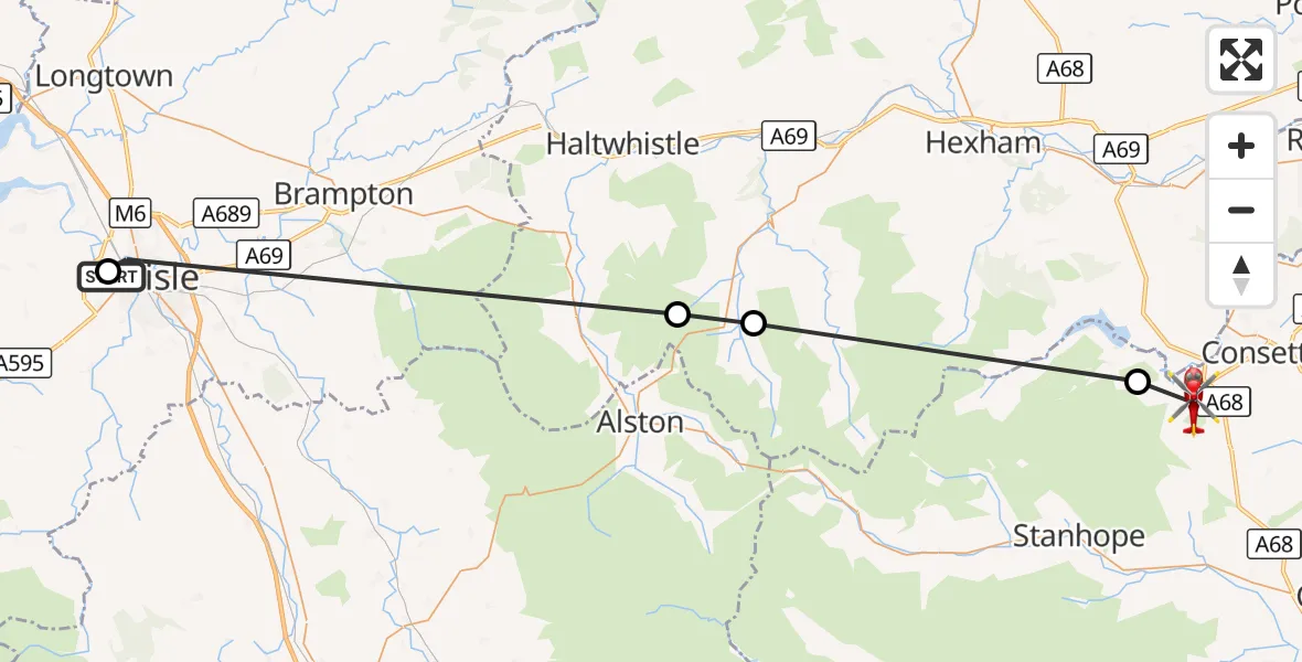 Flight route Air Ambulance Helicopter Carlisle General - Castleside, 04 September 2026, 13:41
